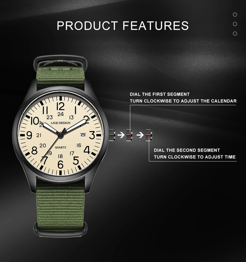 Men's Quartz Watch – Waterproof, Luminous, Nylon Strap