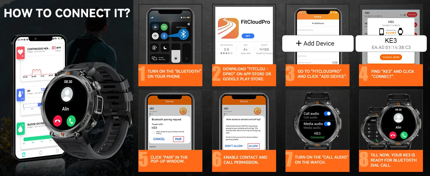 EIGIIS KE3 Men's Smartwatch – Waterproof, Health Monitor, Flashlight