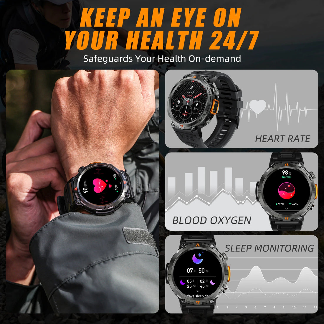 EIGIIS KE3 Men's Smartwatch – Waterproof, Health Monitor, Flashlight