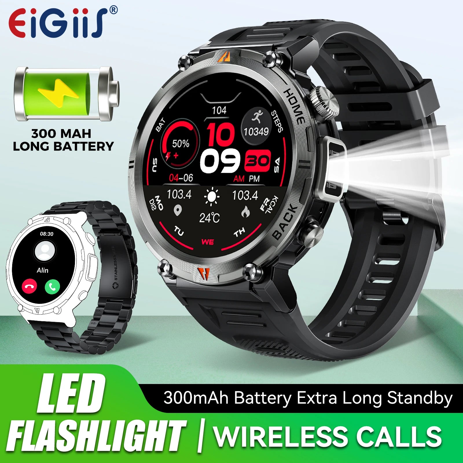 EIGIIS KE3 Men's Smartwatch – Waterproof, Health Monitor, Flashlight